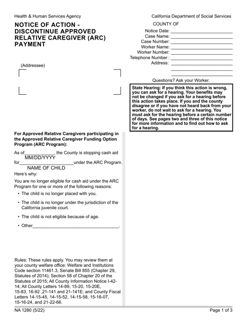 Form NA1280 Notice of Action - Discontinue Approved Relative Caregiver (ARC) Payment - California