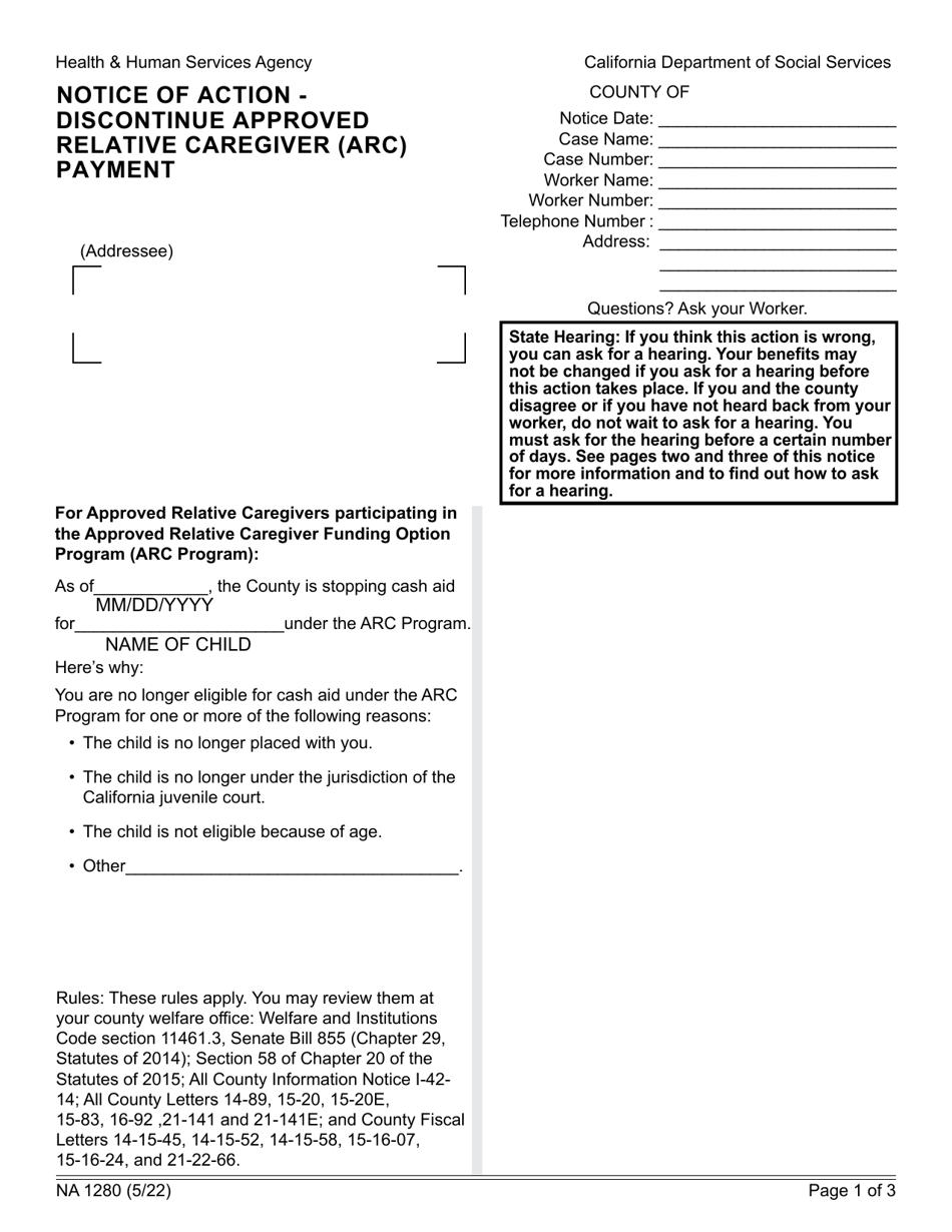 Form NA1280 Notice of Action - Discontinue Approved Relative Caregiver (ARC) Payment - California, Page 1