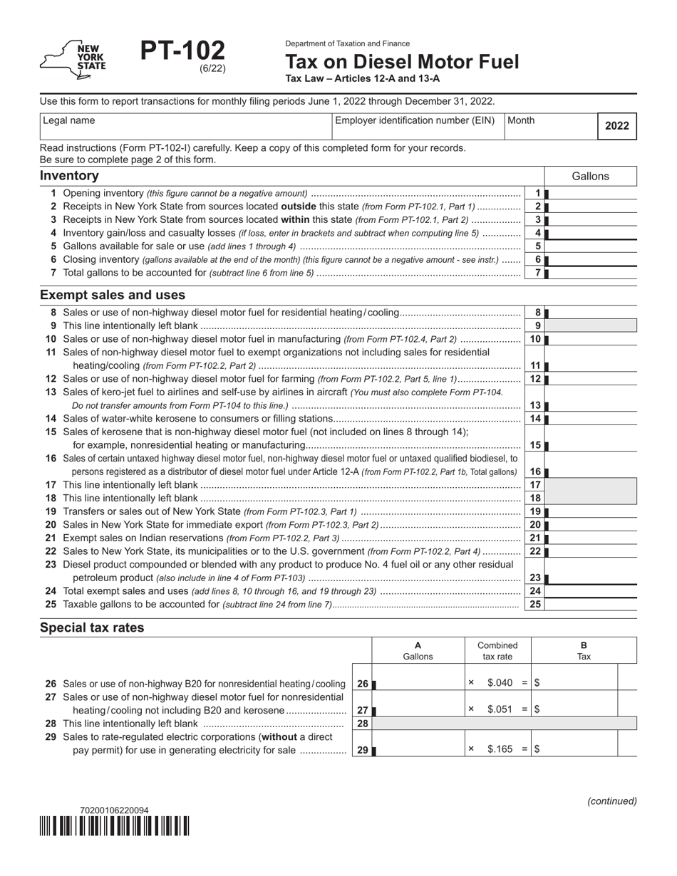 Form PT-102 Tax on Diesel Motor Fuel - New York, Page 1