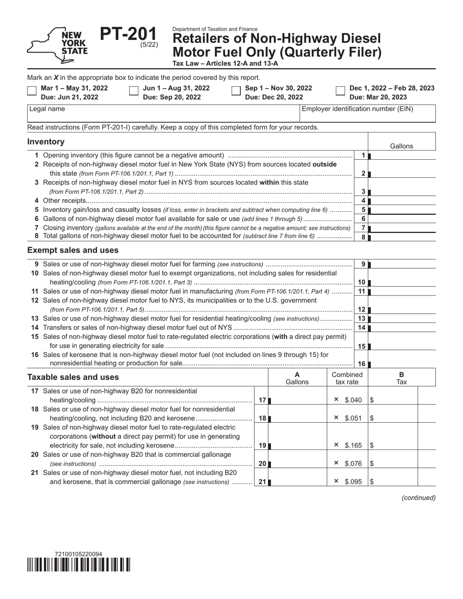 Form PT-201 Retailers of Non-highway Diesel Motor Fuel Only (Quarterly Filer) - New York, Page 1