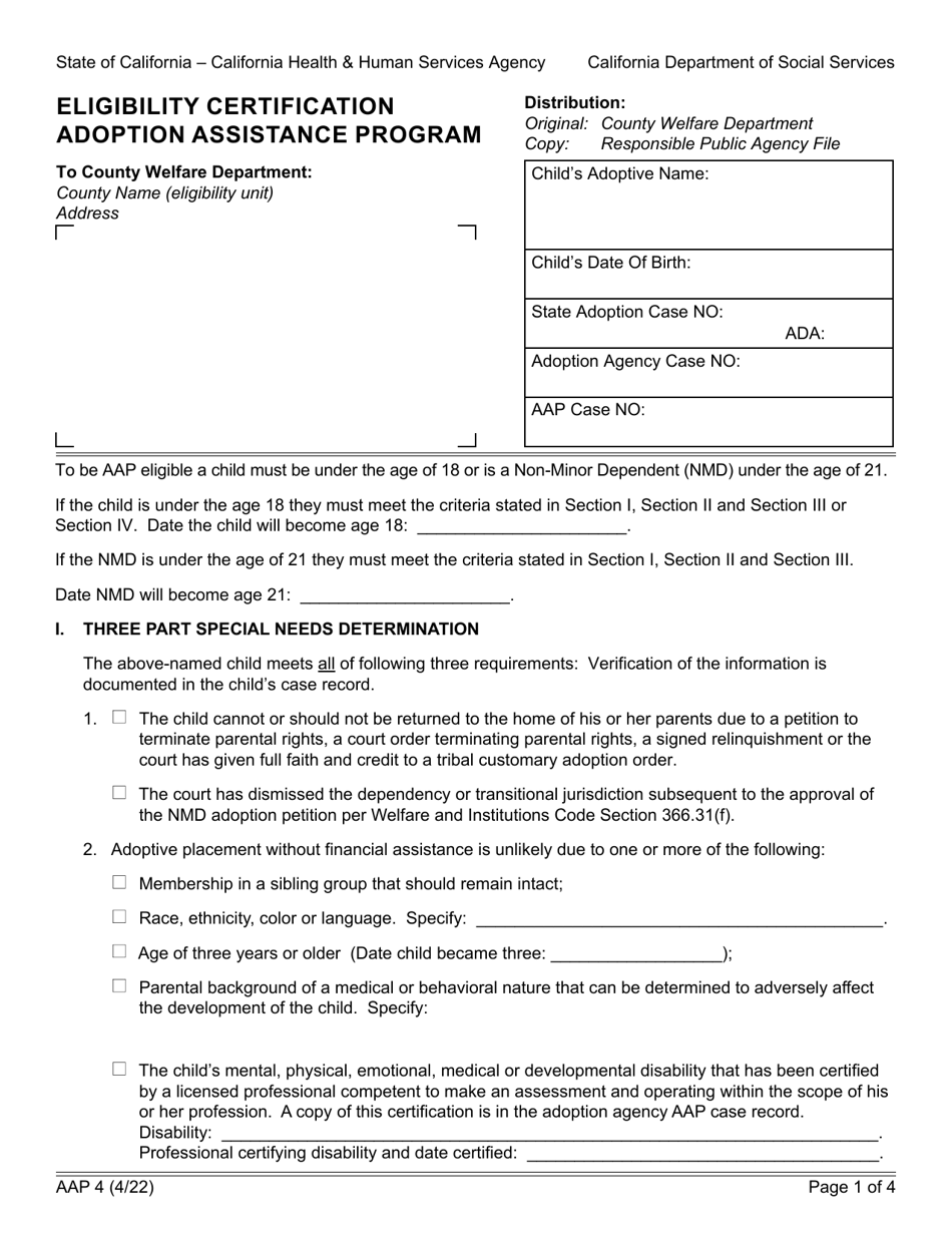 Form AAP4 Eligibility Certification - Adoption Assistance Program - California, Page 1