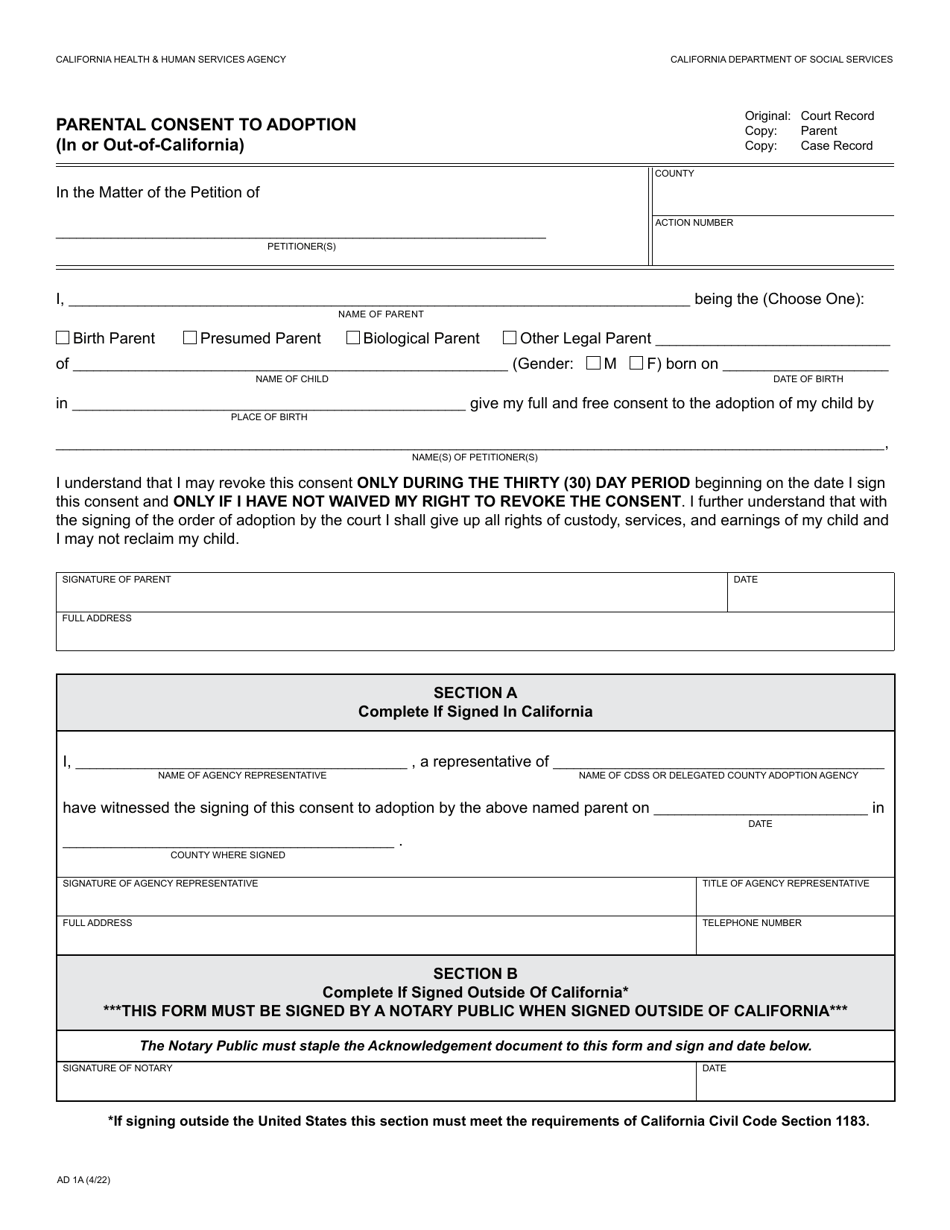 Form AD1A Parental Consent to Adoption (In or out-Of-California) - California, Page 1