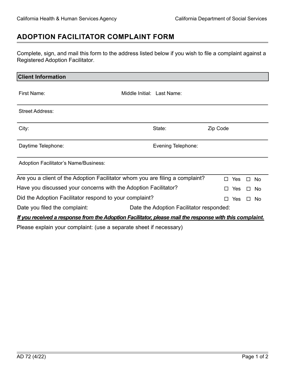 Form AD72 Adoption Facilitator Complaint Form - California, Page 1
