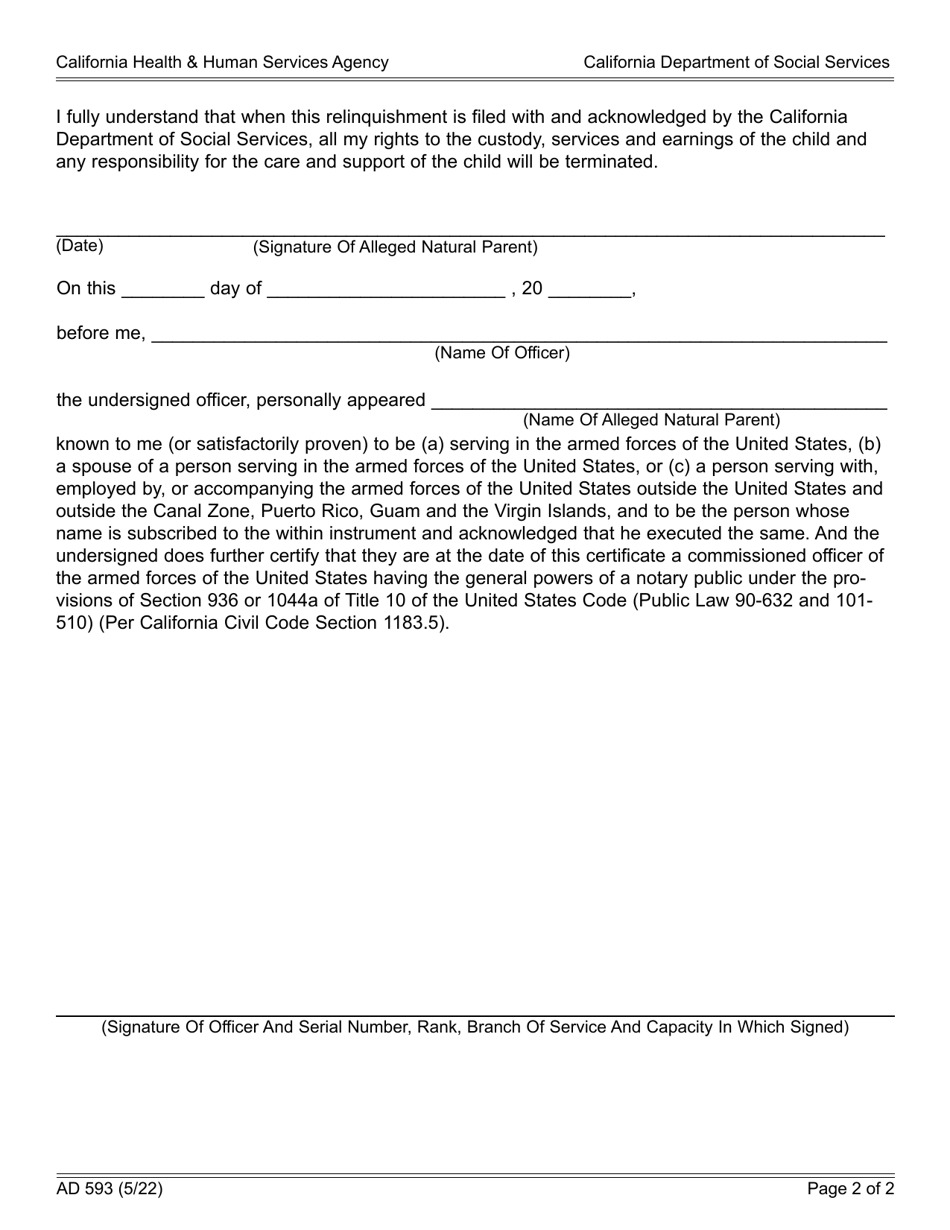 Form AD593 Relinquishment - out of State in Armed Forces (Alleged Natural Parent) - California, Page 2