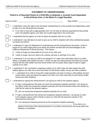 Form AD885A Statement of Understanding Agency Adoption Program - Parent or a Presumed Parent of a Child Who Is Detained, a Juvenile Court Dependent in out-Of-Home Care, or the Ward of a Legal Guardian - California, Page 2