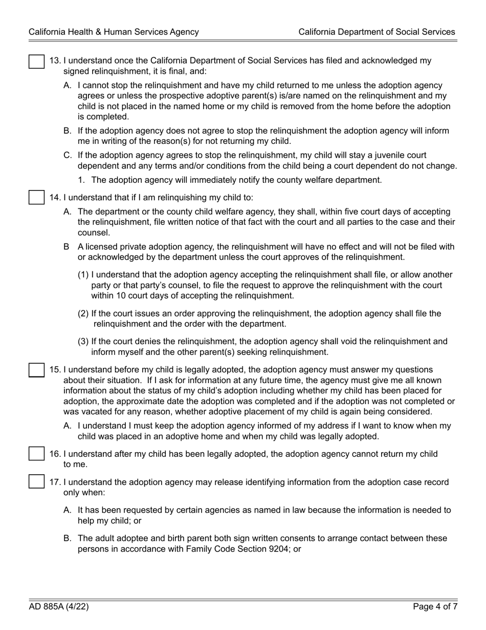 Form AD885A Statement of Understanding Agency Adoption Program - Parent or a Presumed Parent of a Child Who Is Detained, a Juvenile Court Dependent in out-Of-Home Care, or the Ward of a Legal Guardian - California, Page 4
