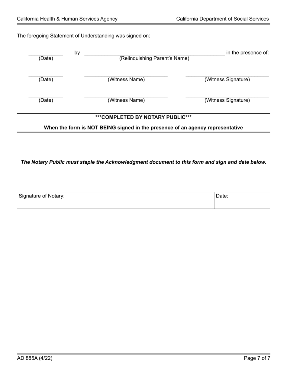 Form AD885A Statement of Understanding Agency Adoption Program - Parent or a Presumed Parent of a Child Who Is Detained, a Juvenile Court Dependent in out-Of-Home Care, or the Ward of a Legal Guardian - California, Page 7