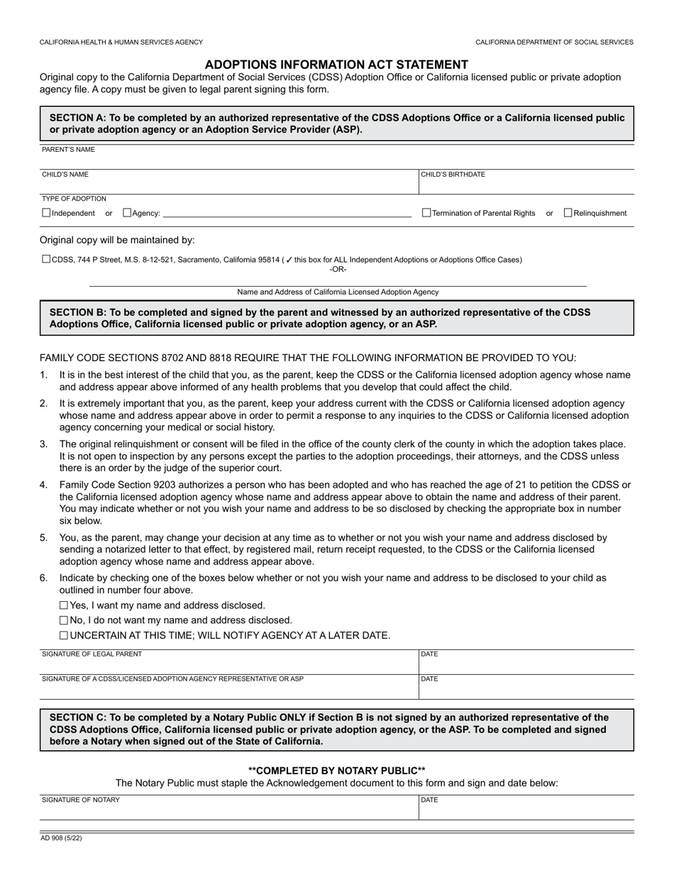 Form AD908 Adoptions Information Act Statement - California, Page 1