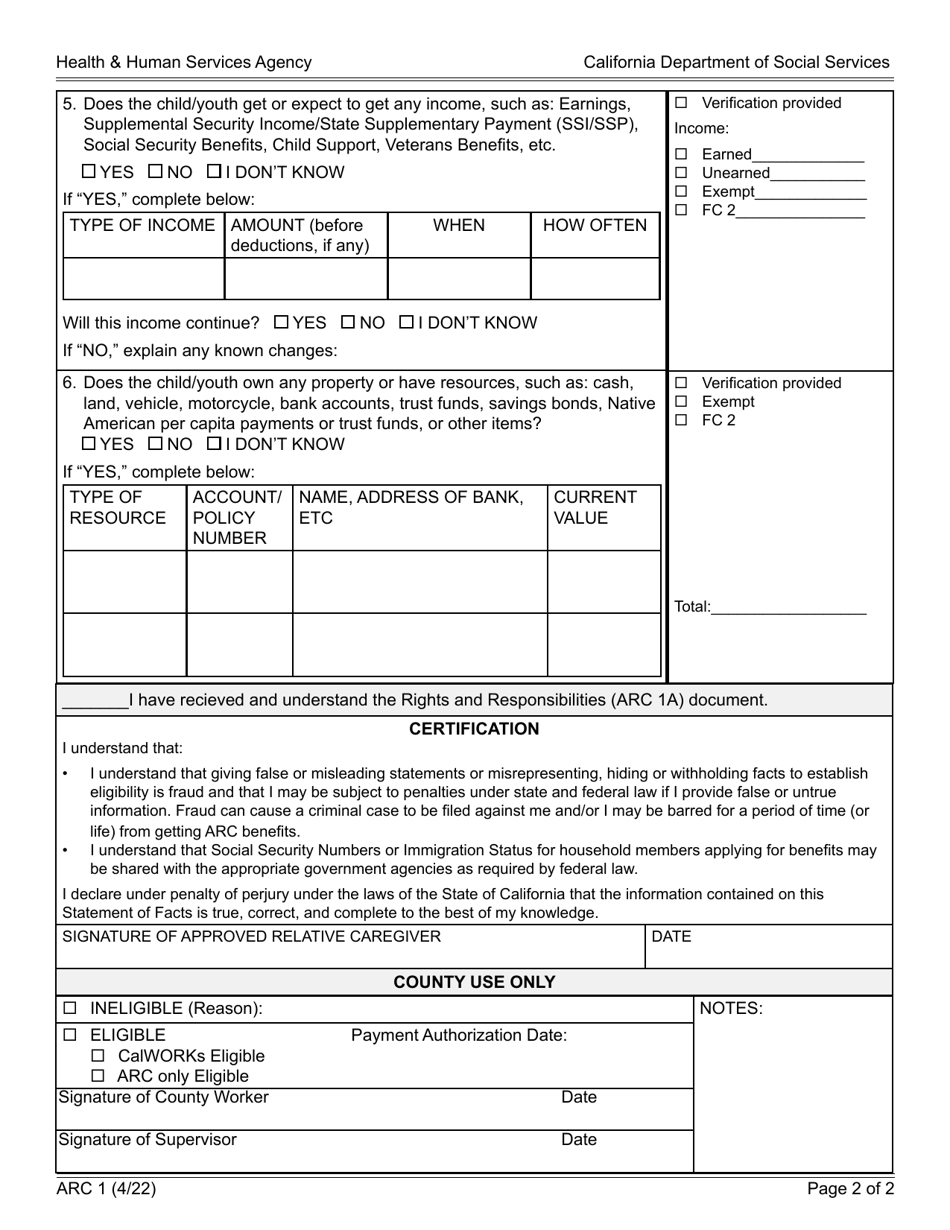 Form ARC1 Statement of Facts Supporting Eligibility for the Approved Relative Caregiver (ARC) Funding Option Program - California, Page 2