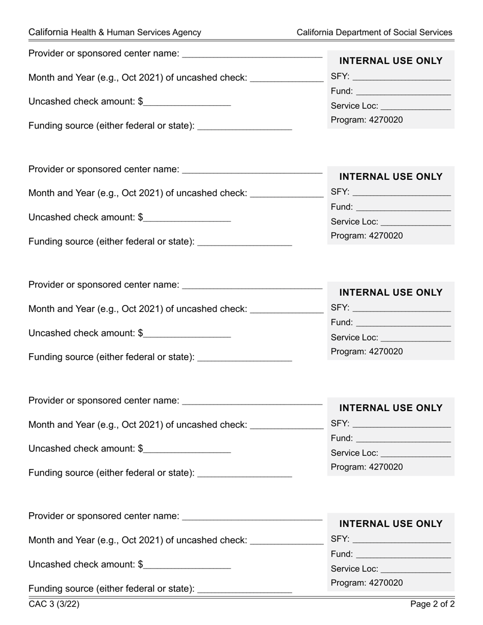 Form CAC3 Uncashed Child and Adult Care Food Program Reimbursement Remittance - California, Page 2