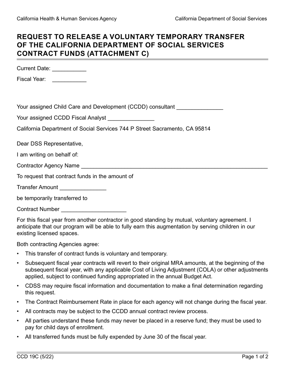 Form CCD19C Attachment C Request to Release a Voluntary Temporary Transfer of the California Department of Social Services Contract Funds - California, Page 1
