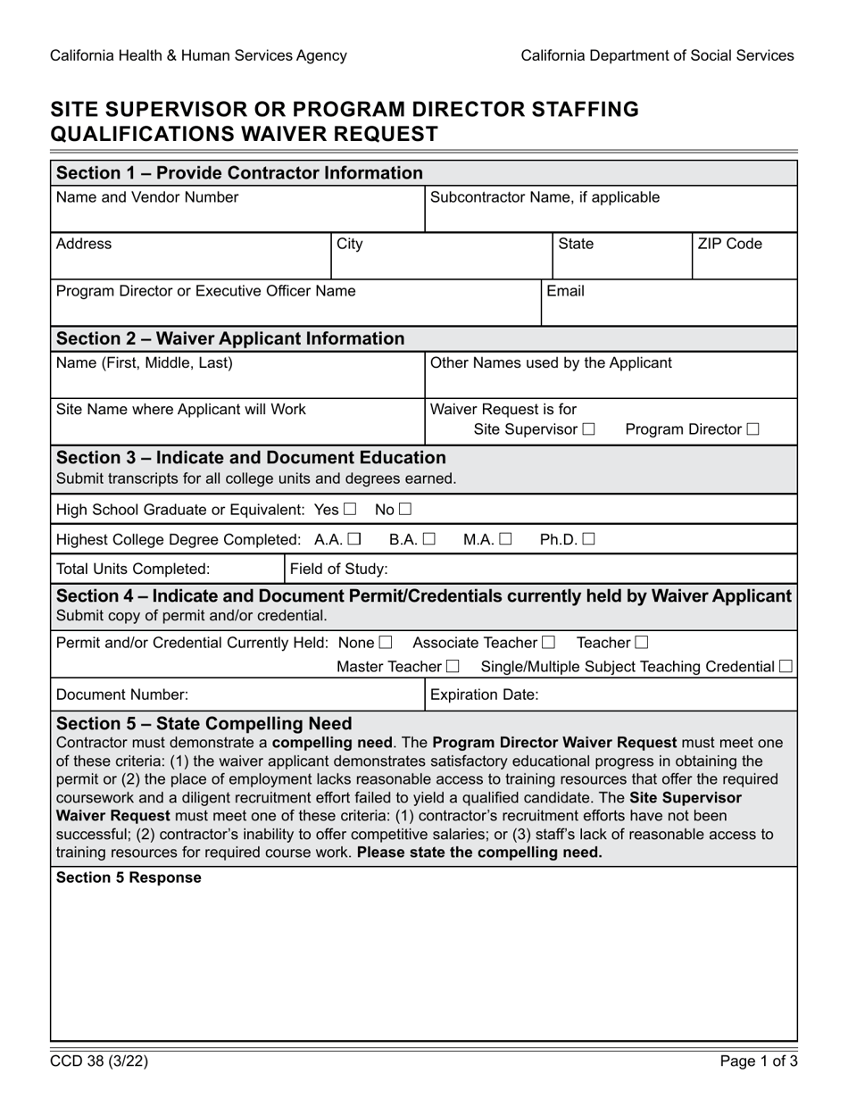 Form CCD38 Site Supervisor or Program Director Staffing Qualifications Waiver Request - California, Page 1