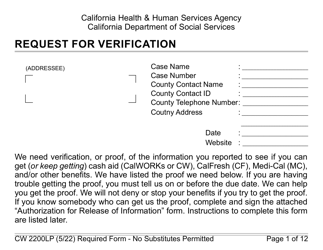Document preview: Form CW2200LP Request for Verification - Large Print - California