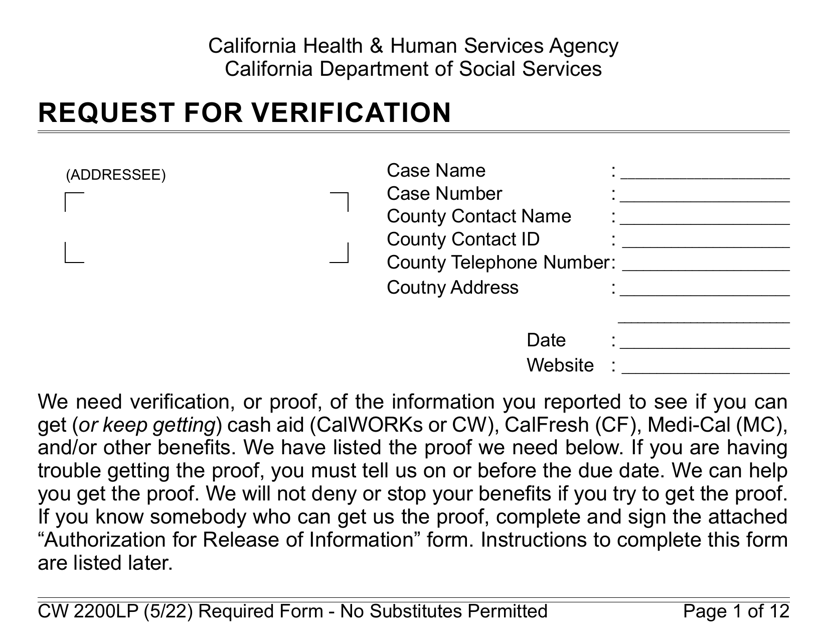 Form CW2200LP Request for Verification - Large Print - California