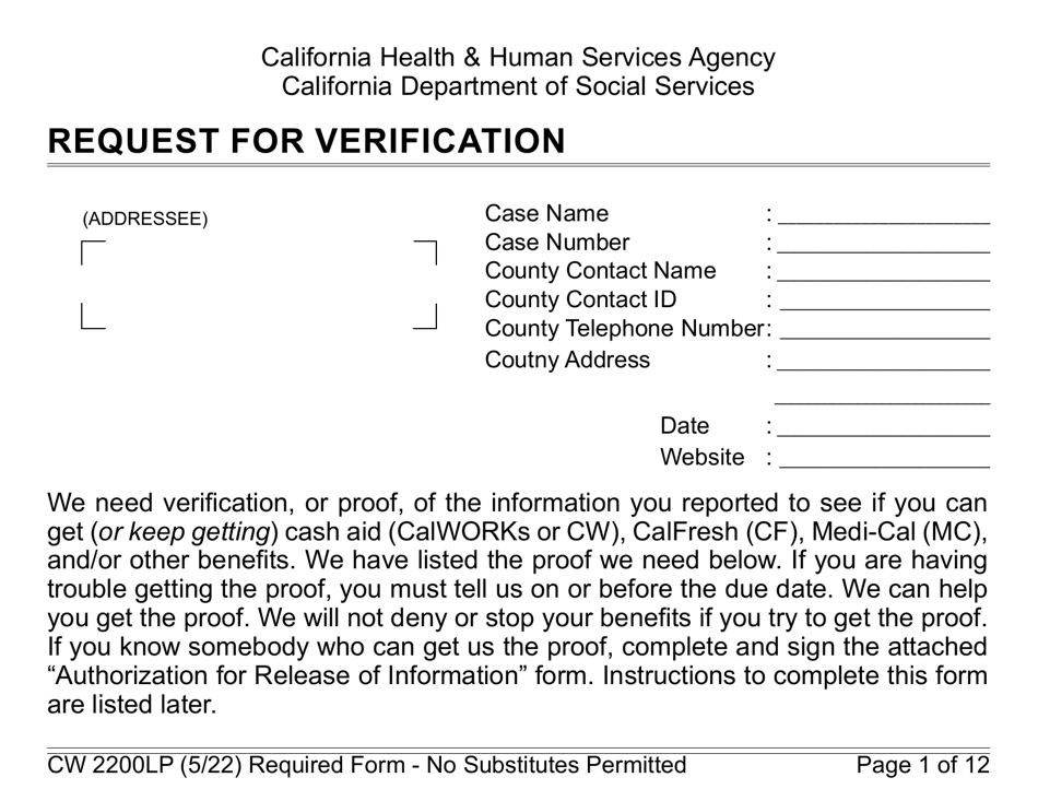 Form CW2200LP Download Fillable PDF or Fill Online Request for