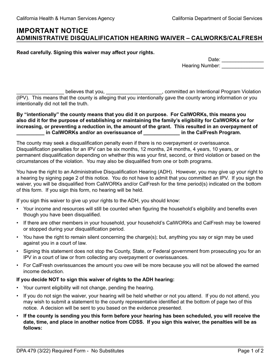 Form DPA479 Administrative Disqualification Hearing Waiver - Calworks / Calfresh - California, Page 1
