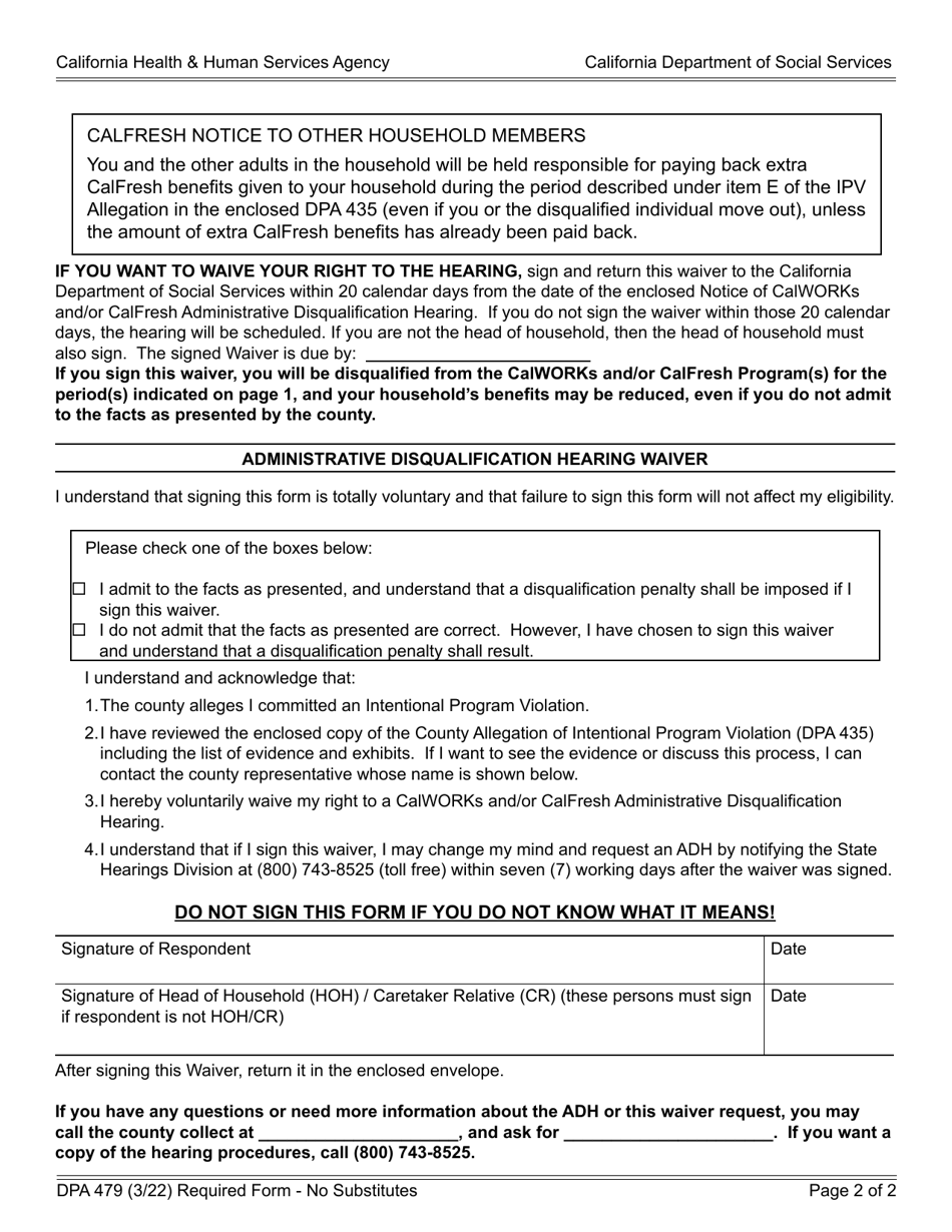 Form DPA479 Administrative Disqualification Hearing Waiver - Calworks / Calfresh - California, Page 2