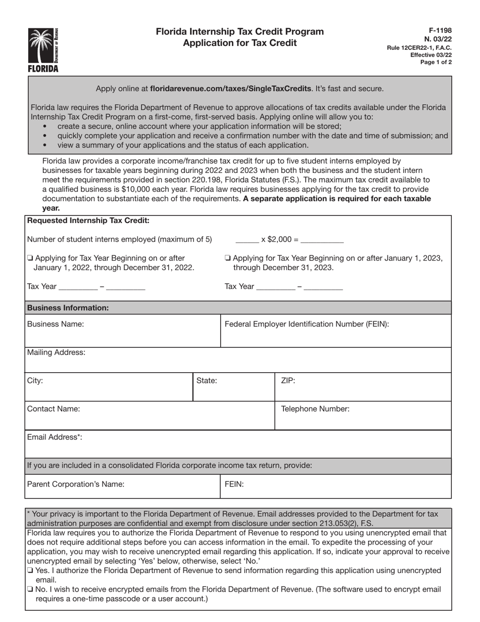 Form F-1198 Application for Tax Credit - Florida Internship Tax Credit Program - Florida, Page 1