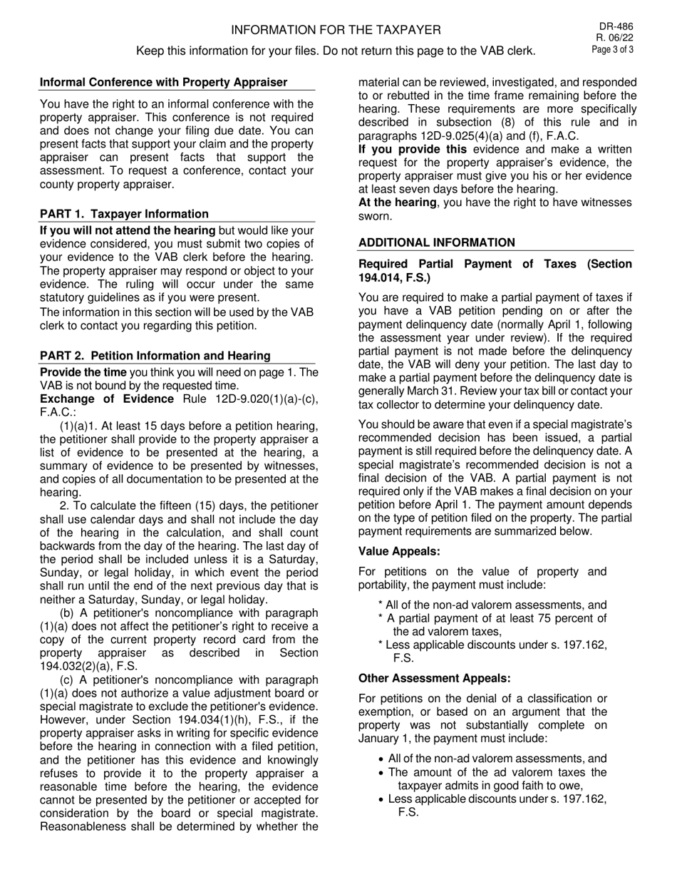 Form DR-486 Petition to the Value Adjustment Board Request for Hearing - Florida, Page 3
