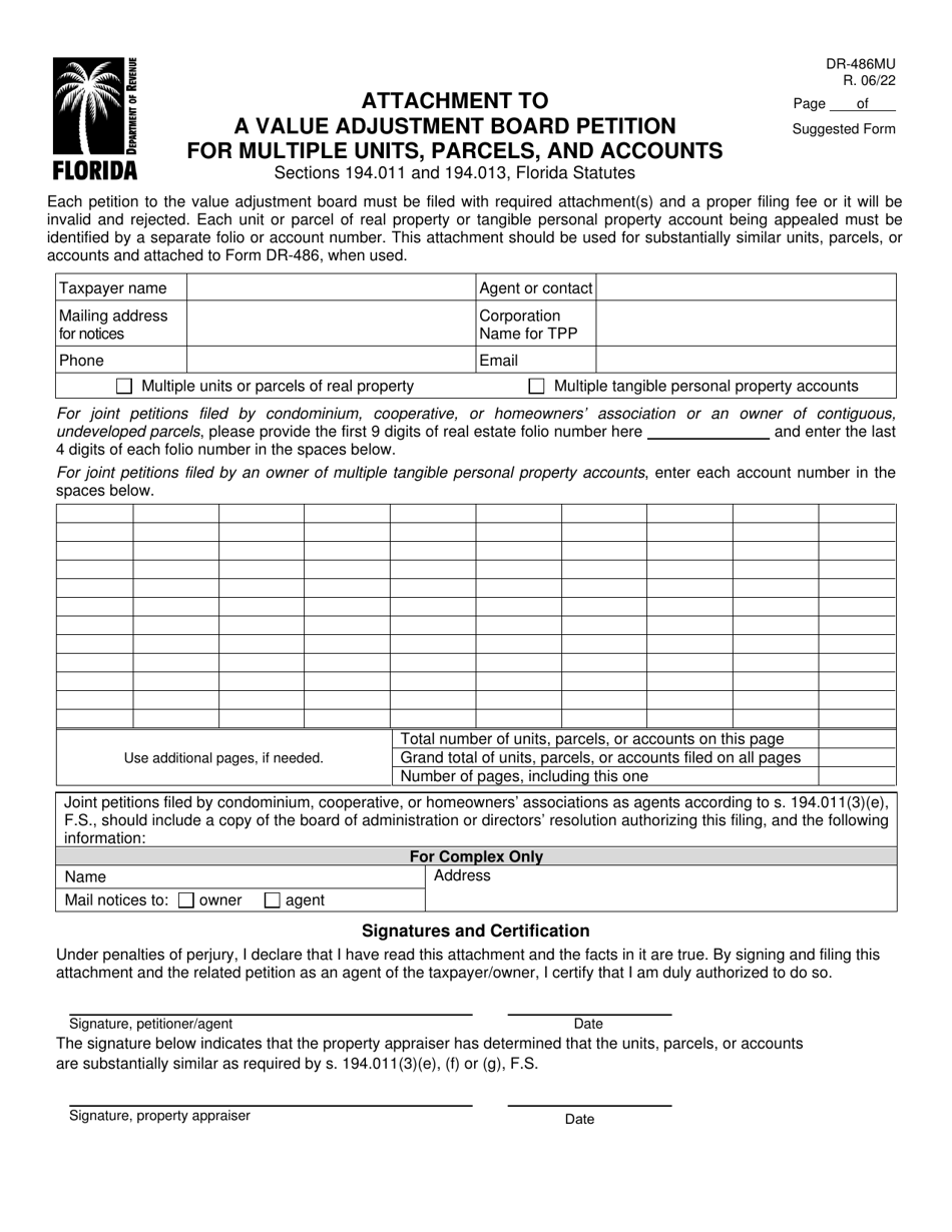 Form DR-486MU Attachment to a Value Adjustment Board Petition for Multiple Units, Parcels, and Accounts - Florida, Page 1