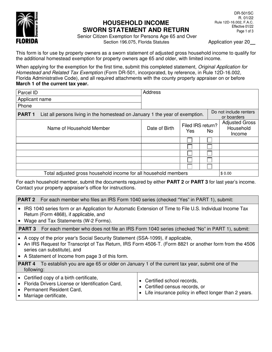 Form DR-501SC Household Income Sworn Statement and Return - Senior Citizen Exemption for Persons Age 65 and Over - Florida, Page 1