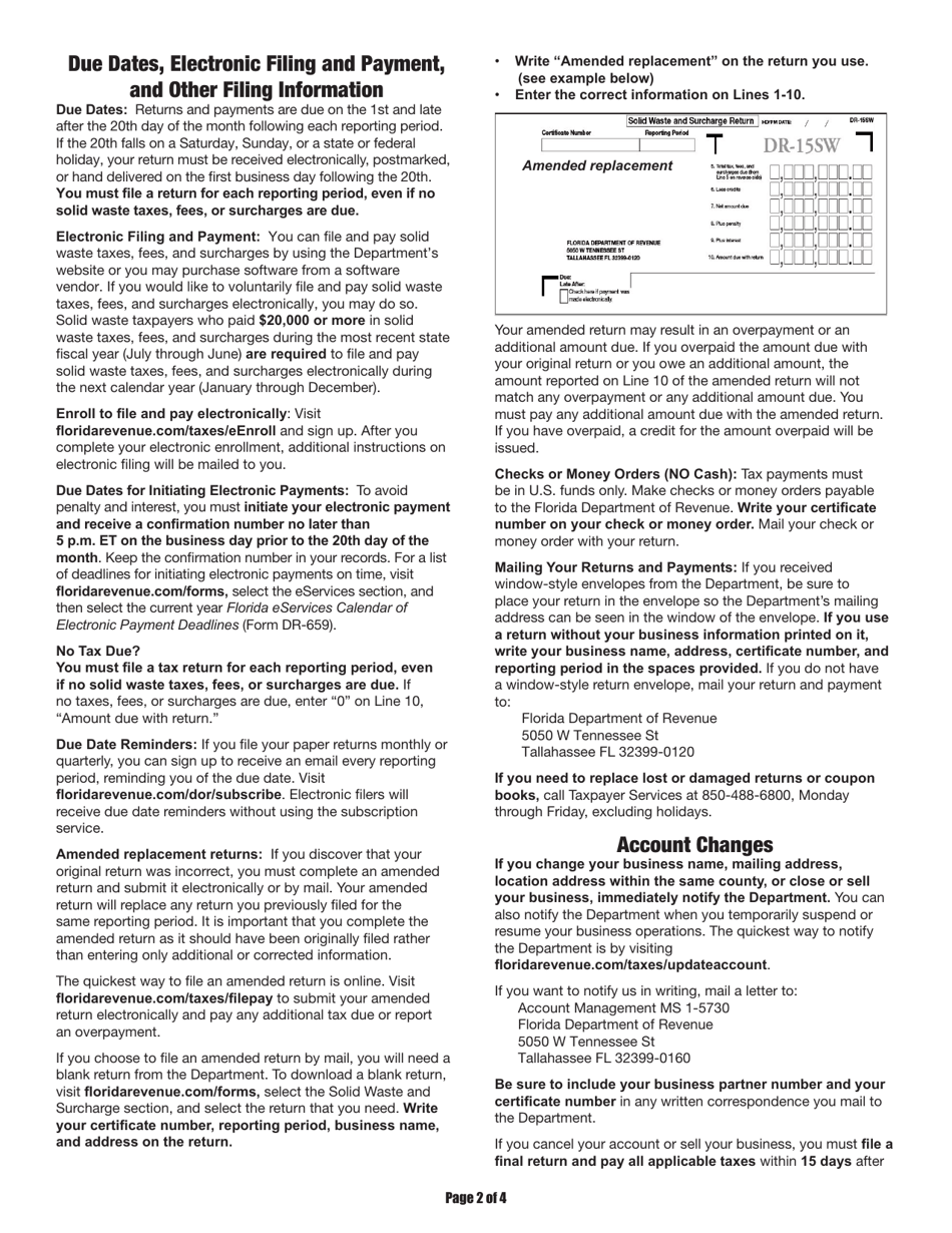Instructions for Form DR-15SW Solid Waste and Surcharge Return - Florida, Page 2