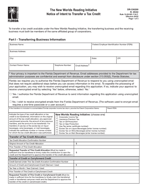 Form DR-336200 The New Worlds Reading Initiative Notice of Intent to Transfer a Tax Credit - Florida