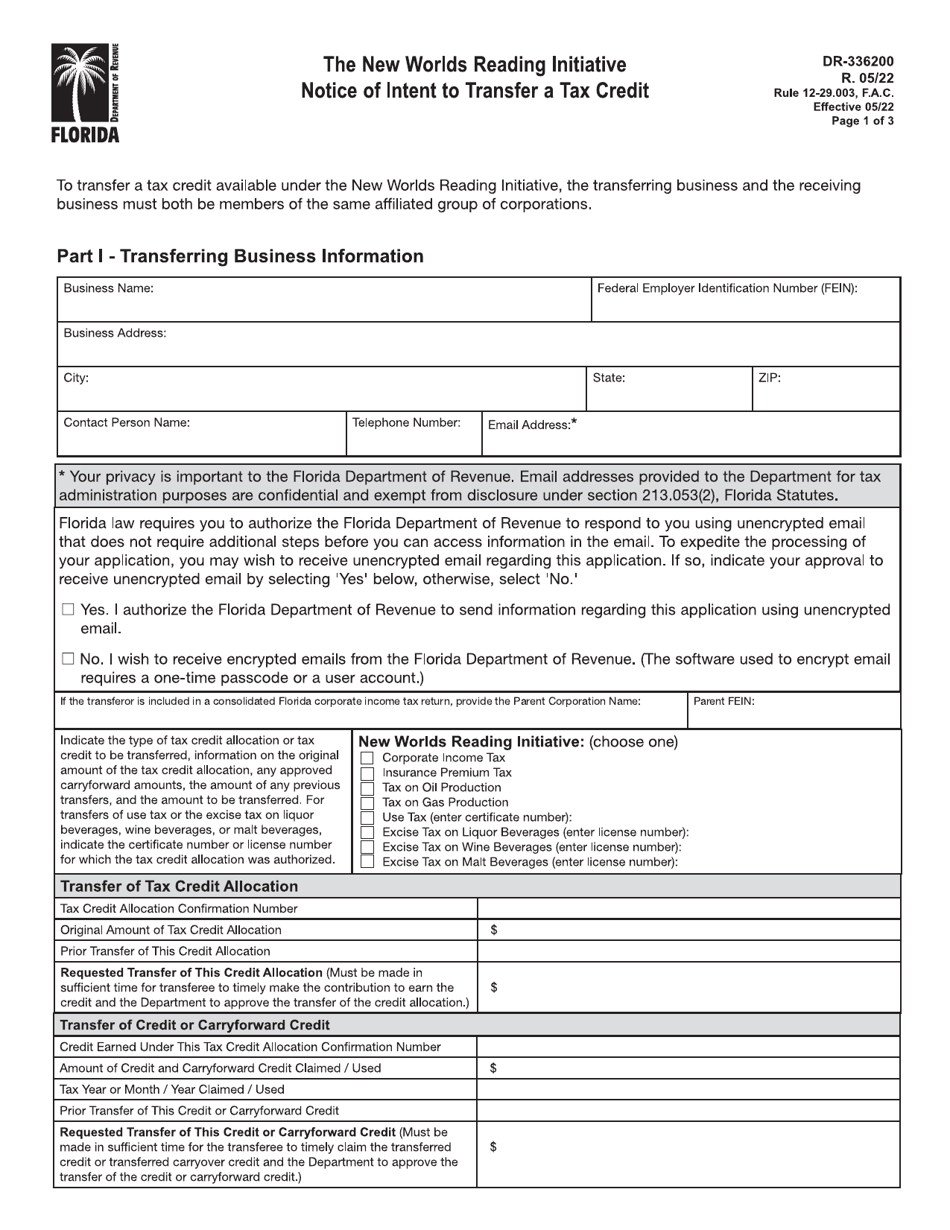 Form DR-336200 The New Worlds Reading Initiative Notice of Intent to Transfer a Tax Credit - Florida, Page 1