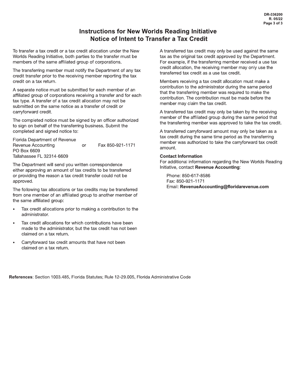 Form DR-336200 The New Worlds Reading Initiative Notice of Intent to Transfer a Tax Credit - Florida, Page 3