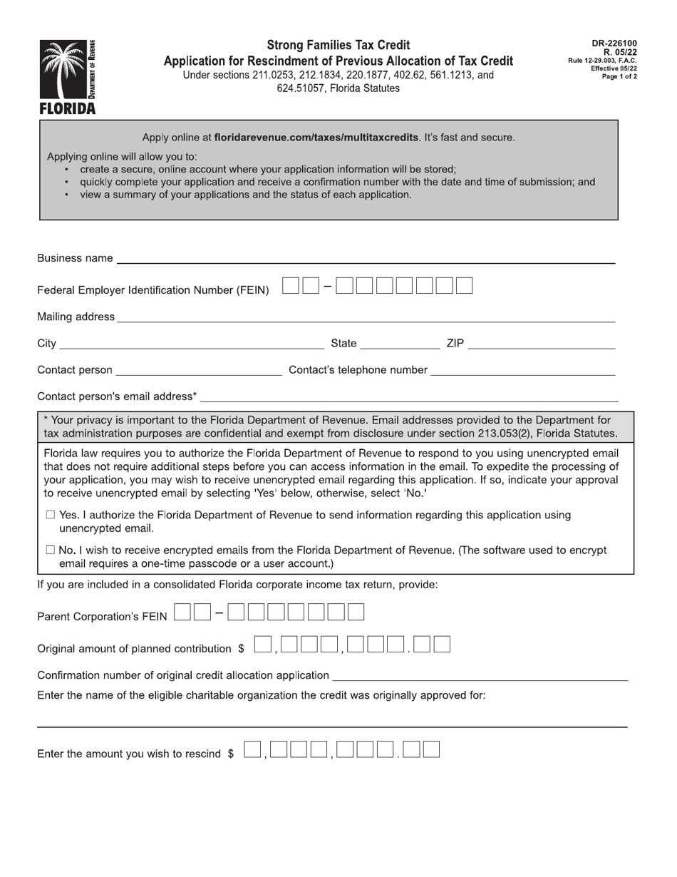 Form DR-226100 Strong Families Tax Credit Application for Rescindment of Previous Allocation of Tax Credit - Florida, Page 1