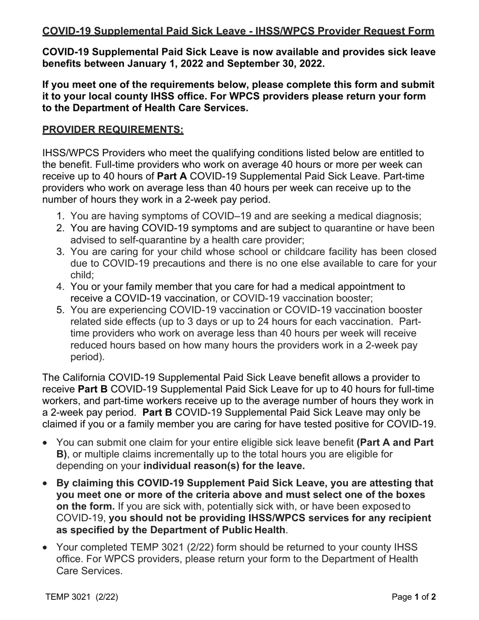 Form TEMP3021 Download Fillable PDF or Fill Online California Covid19 Supplemental Paid Sick