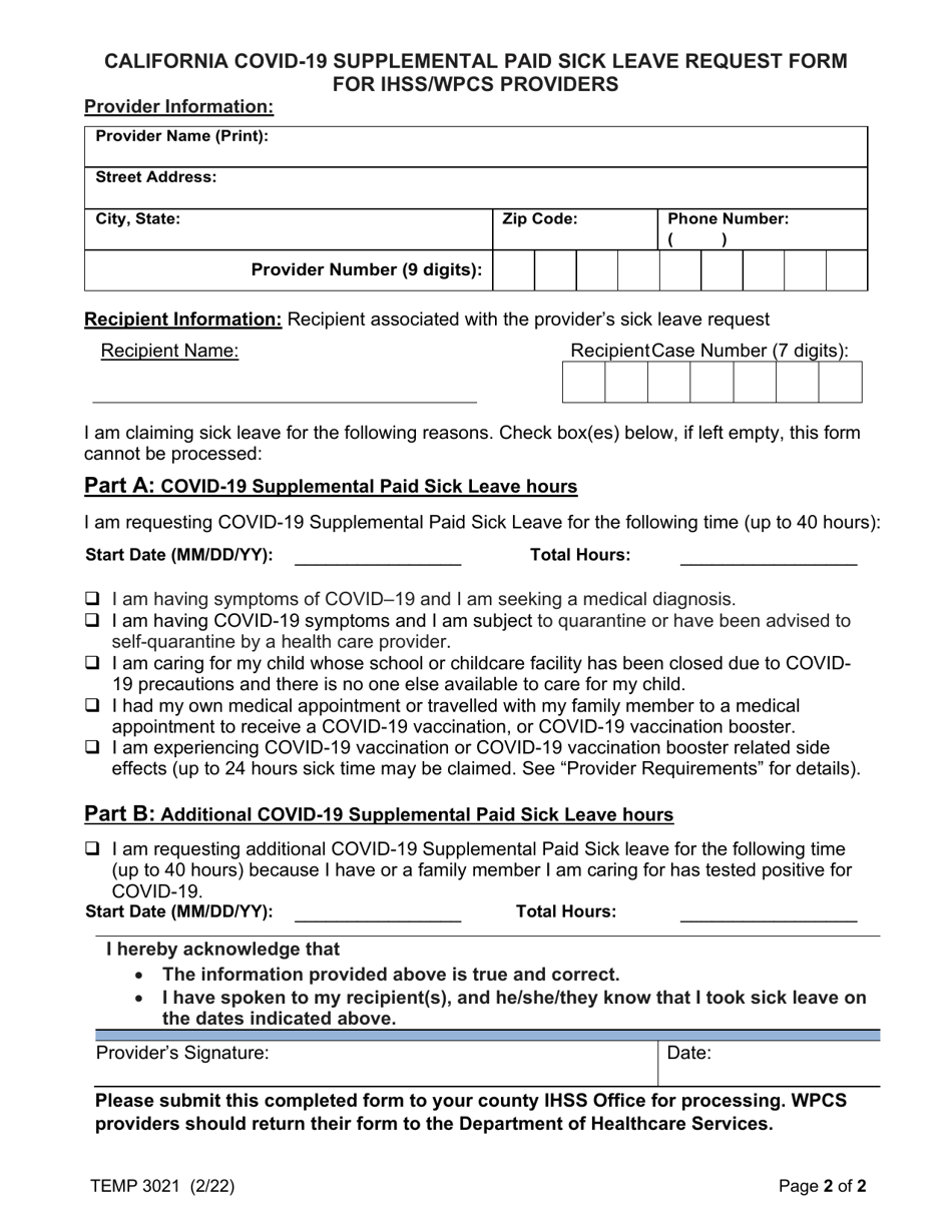 Form TEMP3021 Download Fillable PDF or Fill Online California Covid19