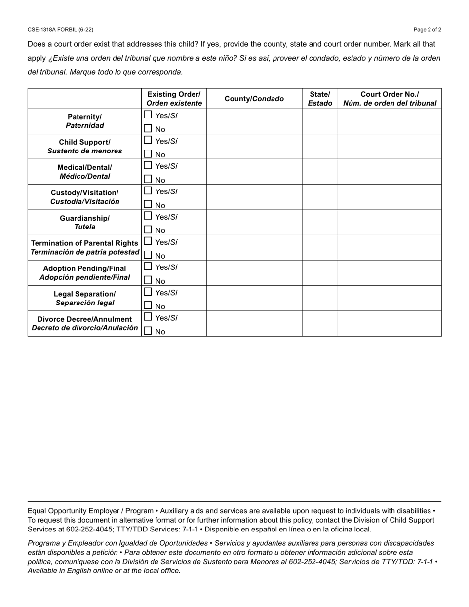 Form CSE-1318A Child Supplemental Page - Arizona (English / Spanish), Page 2