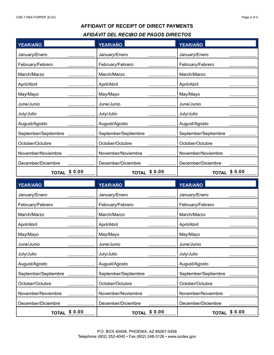 Form CSE-1156A Affidavit of Receipt of Direct Payments - Arizona (English / Spanish), Page 2