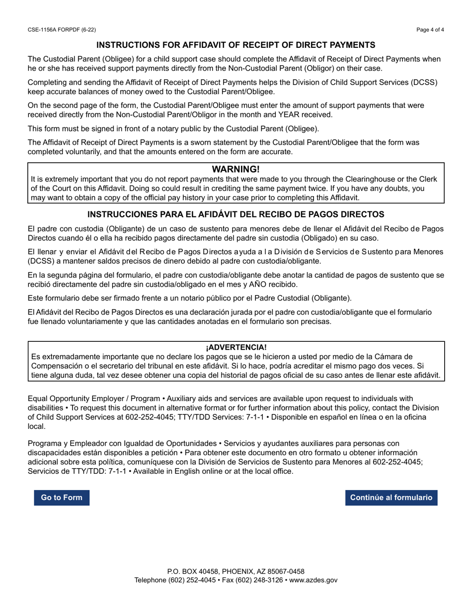 Form CSE-1156A Affidavit of Receipt of Direct Payments - Arizona (English / Spanish), Page 4