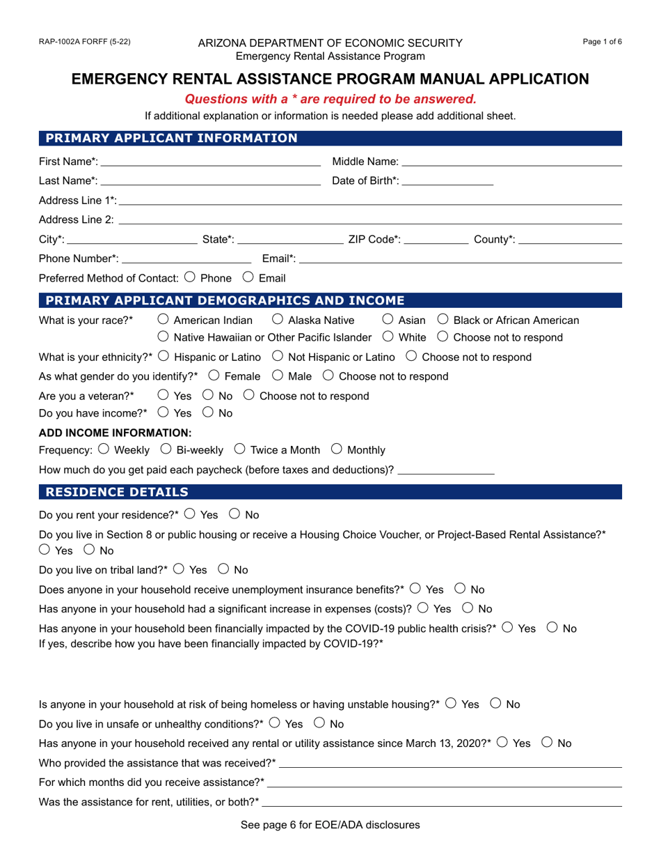 Form RAP-1002A Emergency Rental Assistance Program Manual Application - Arizona, Page 1