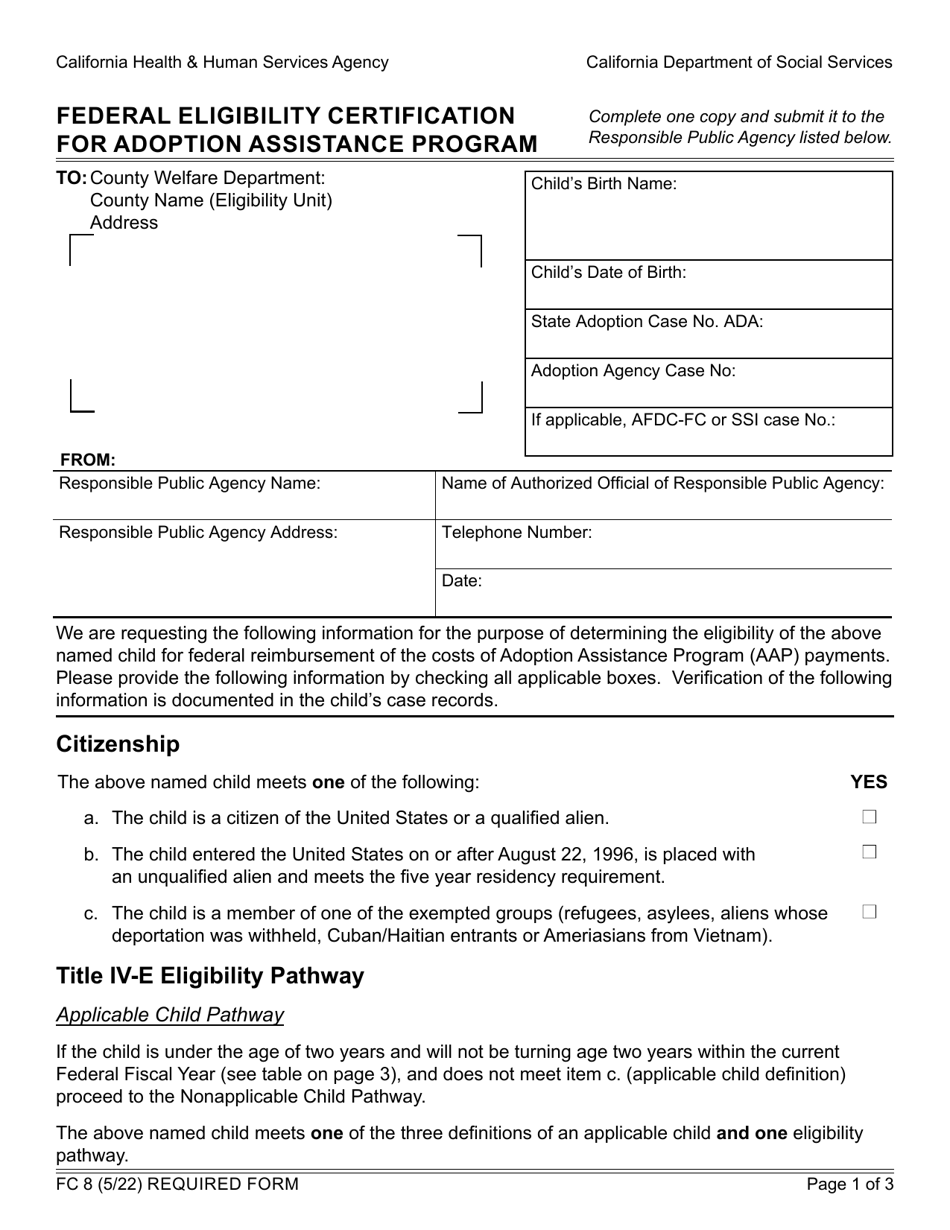 Form FC8 Federal Eligibility Certification for Adoption Assistance Program - California, Page 1
