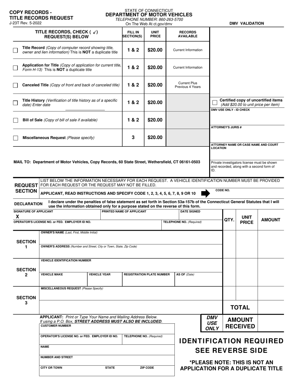 Form J-23T Copy Records - Title Records Request - Connecticut, Page 1