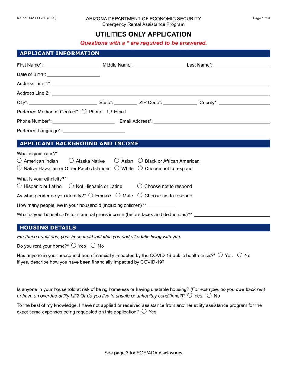 Form RAP-1014A Utilities Only Application - Emergency Rental Assistance Program - Arizona, Page 1