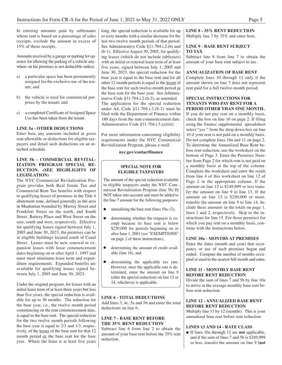 Instructions for Form CR-A Commercial Rent Tax Annual Return - New York City, Page 5