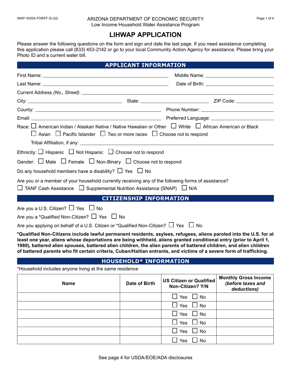 Form WAP-1000A Lihwap Application - Arizona, Page 1