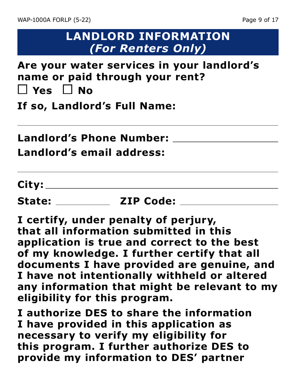 Form WAP-1000A-LP Lihwap Application (Large Print) - Arizona, Page 9