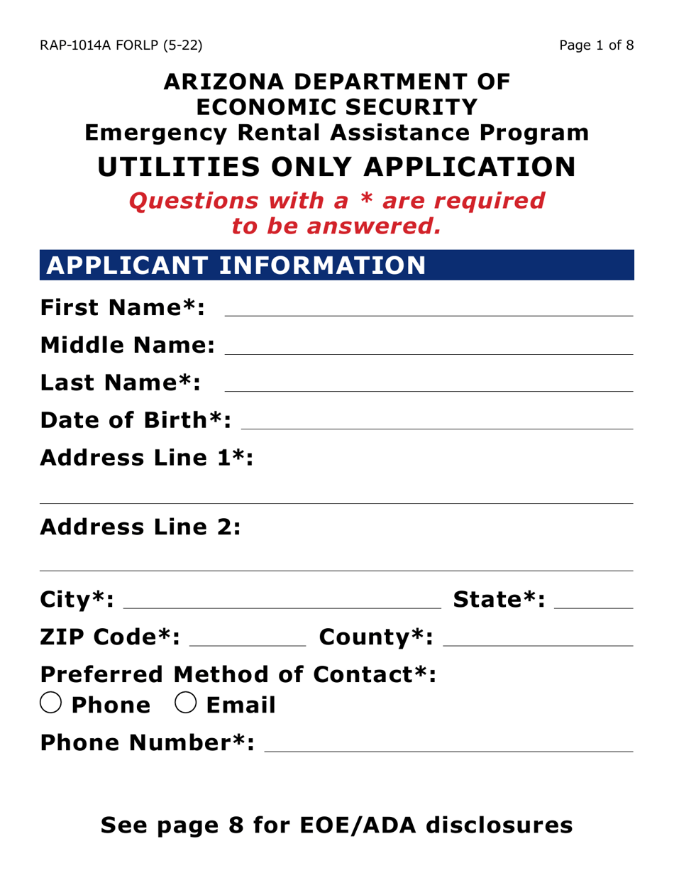 Form RAP-1014A-LP Emergency Rental Assistance Program Utilities Only Application (Large Print) - Arizona, Page 1