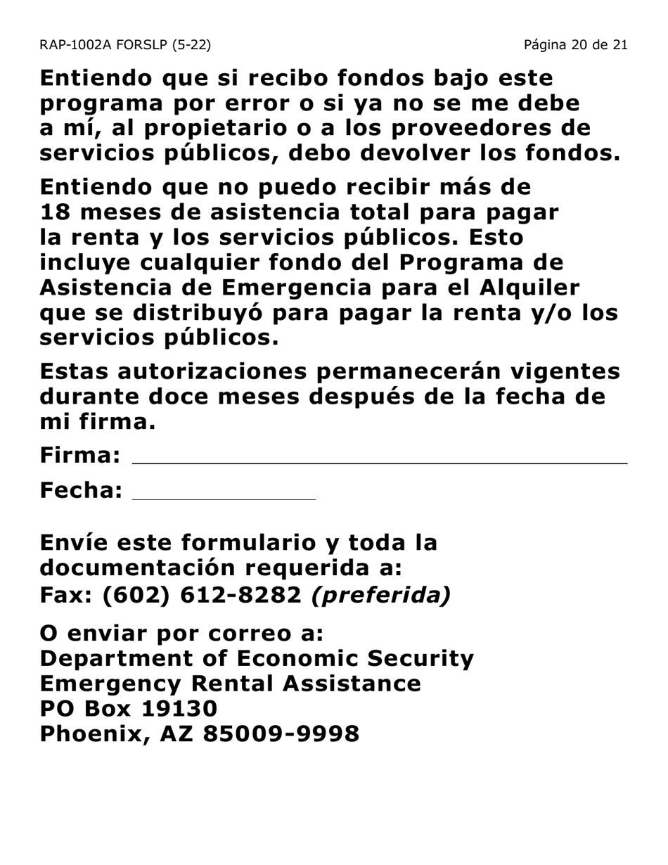 Formulario RAP-1002A-SLP Solicitud Manual Para El Programa De Asistencia De Emergencia Para El Alquiler (Letra Grande) - Arizona (Spanish), Page 20
