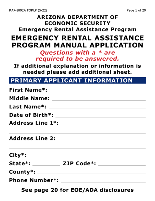 Form RAP-1002A-LP Emergency Rental Assistance Program Manual Application (Large Print) - Arizona