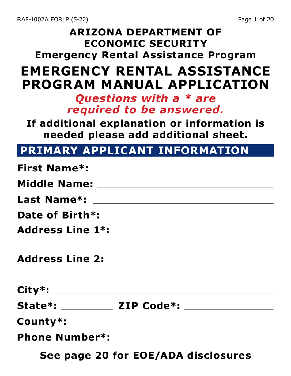 Form RAP-1002A-LP Emergency Rental Assistance Program Manual Application (Large Print) - Arizona, Page 1