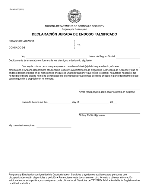Formulario UB-195-SFF Declaracion Jurada De Endoso Falsificado - Arizona (Spanish)