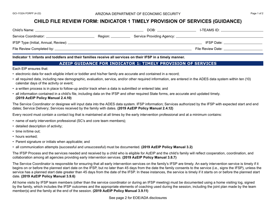 Form GCI-1132A Child File Review Form: Indicator 1 Timely Provision of Services (Guidance) - Arizona, Page 1