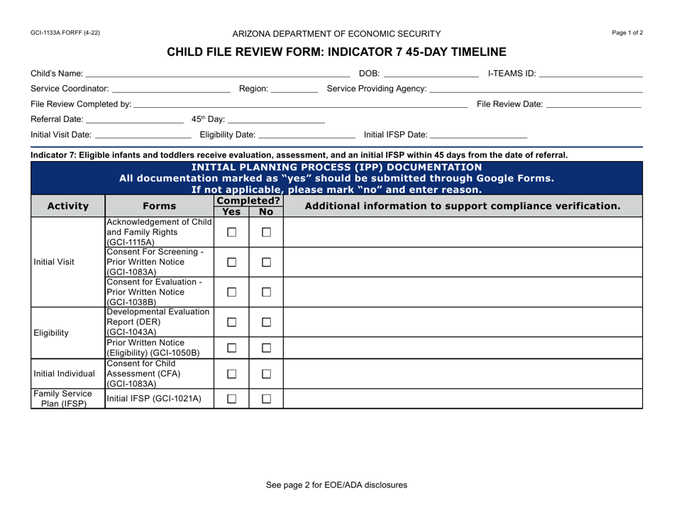 Form GCI-1133A Child File Review Form - Indicator 7 45-day Timeline - Arizona, Page 1