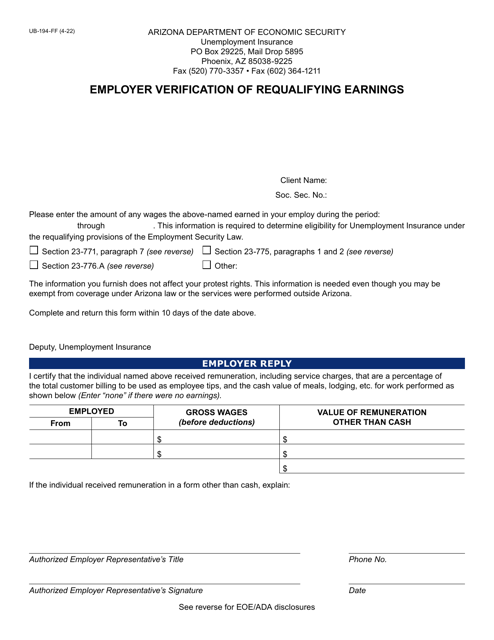 Form UB-194-FF Employer Verification of Requalifying Earnings - Arizona